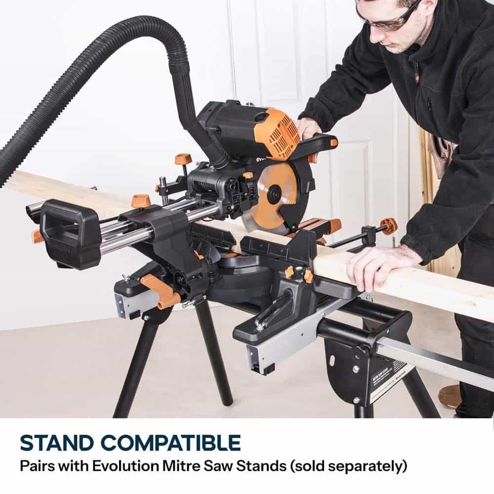 Evolution R255SMS-DB+ 255mm Double Bevel Sliding Compound Mitre Saw with 40T Wood Blade and 28T Multi-Material TCT Blade