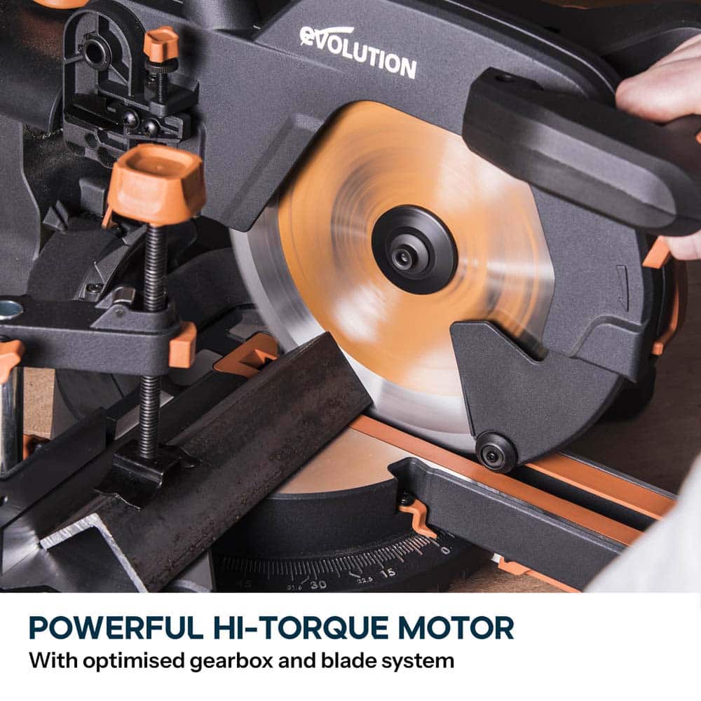 Evolution R255SMS+ 255mm Sliding Compound Mitre Saw With TCT Multi-Material Cutting Blade
