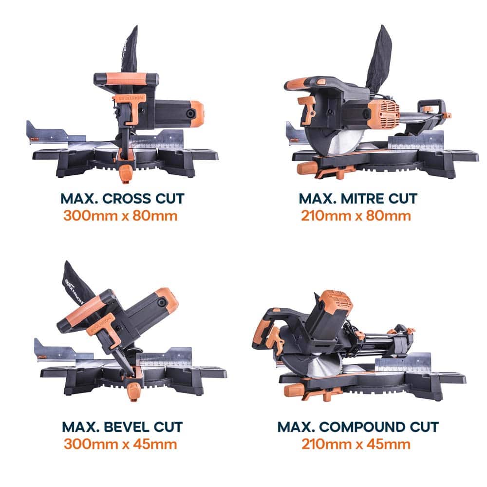 Evolution R255SMS+ 255mm Sliding Compound Mitre Saw With TCT Multi-Material Cutting Blade