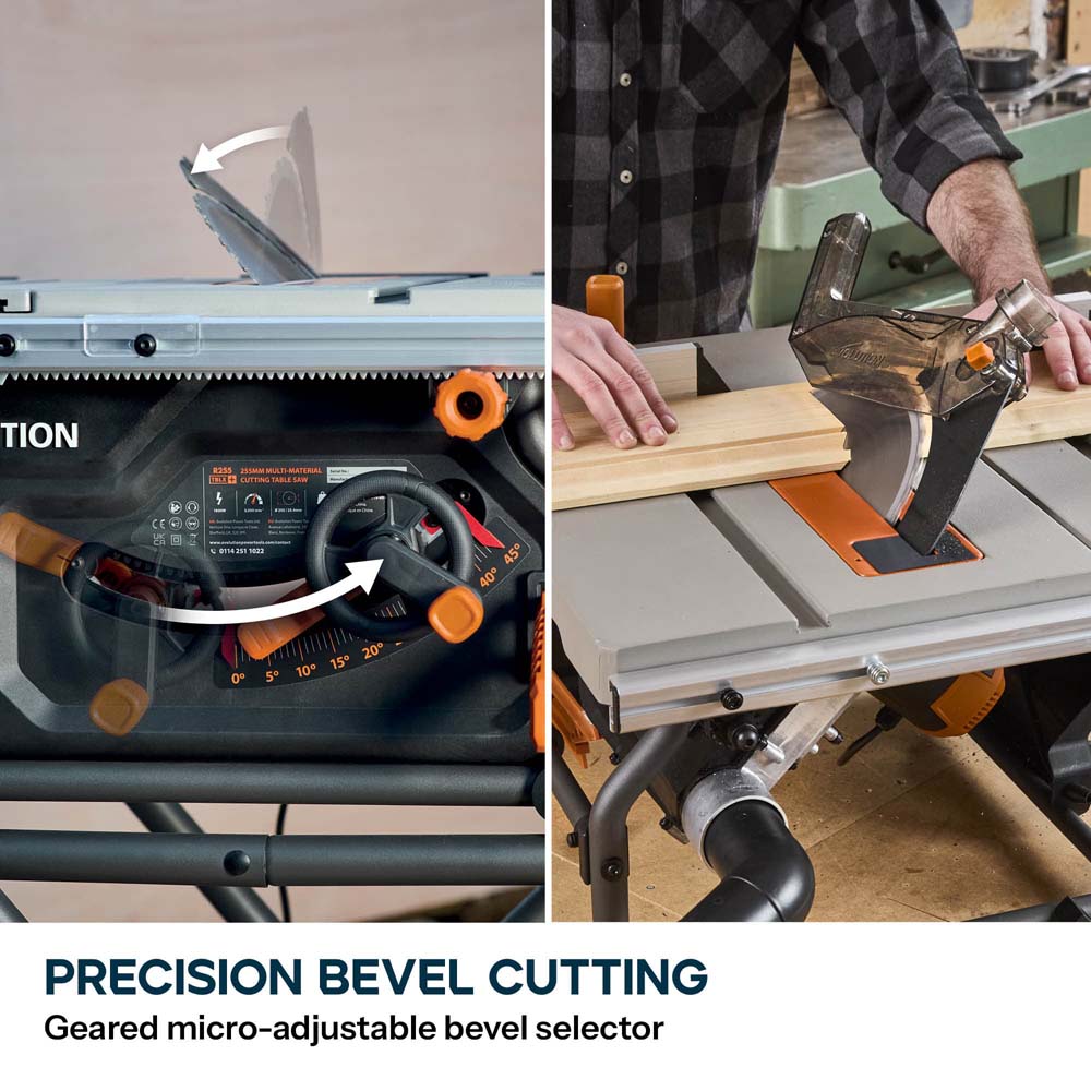 Evolution R255TBLX+ 230v Portable Jobsite Table Saw with Wheeled Stand and R15VAC Wet & Dry Vacuum