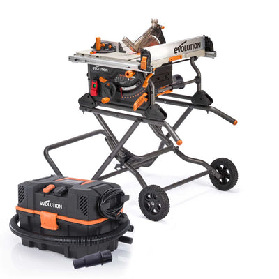 Evolution R255TBL 230v Portable Jobsite Table Saws with R15VAC Wet & Dry Vacuum & Dust Port Kit