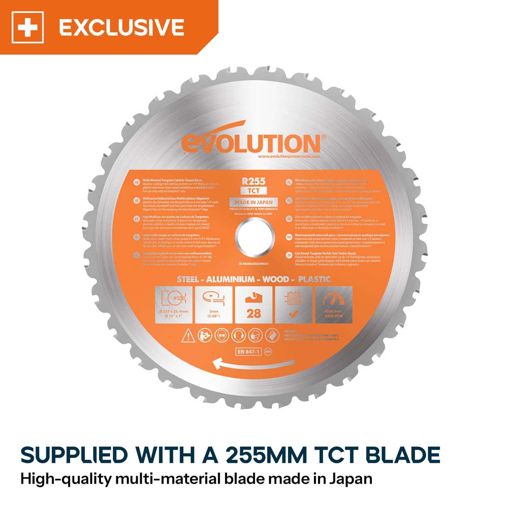 Evolution R255TBL+ 230v Portable Jobsite Table Saw with 255mmTCT Multi-material Blade