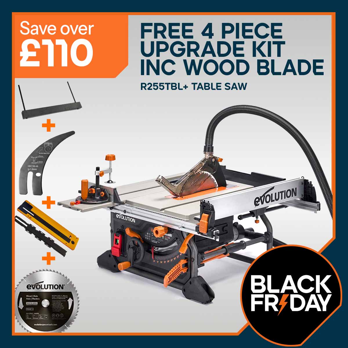Evolution R255TBL+ 230v Portable Jobsite Table Saw with 255mmTCT Multi-material Blade