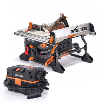 Evolution R255TBL 230v Portable Jobsite Table Saws with R15VAC Wet & Dry Vacuum & Dust Port Kit