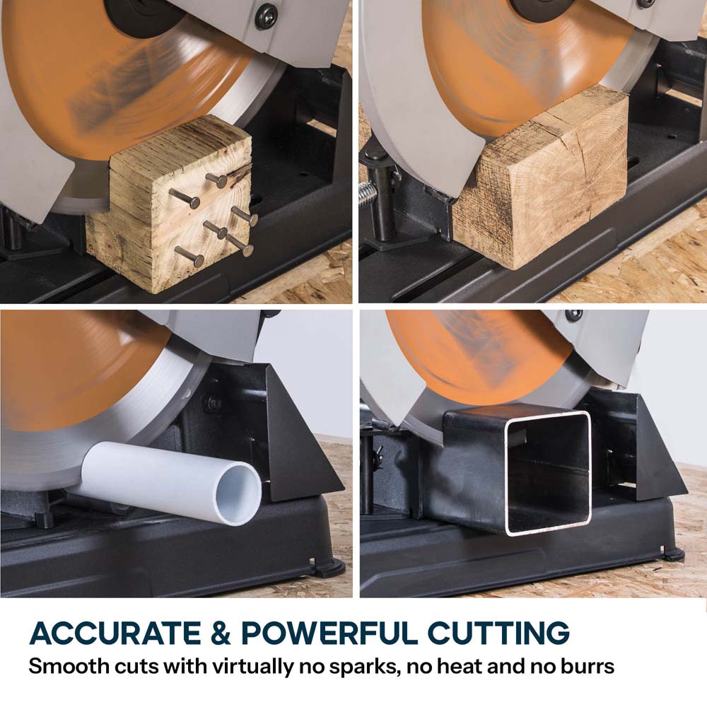 Evolution 355mm Multi-Material Chop Saw with TCT Blade for Steel, Wood & Plastic | R355CPS