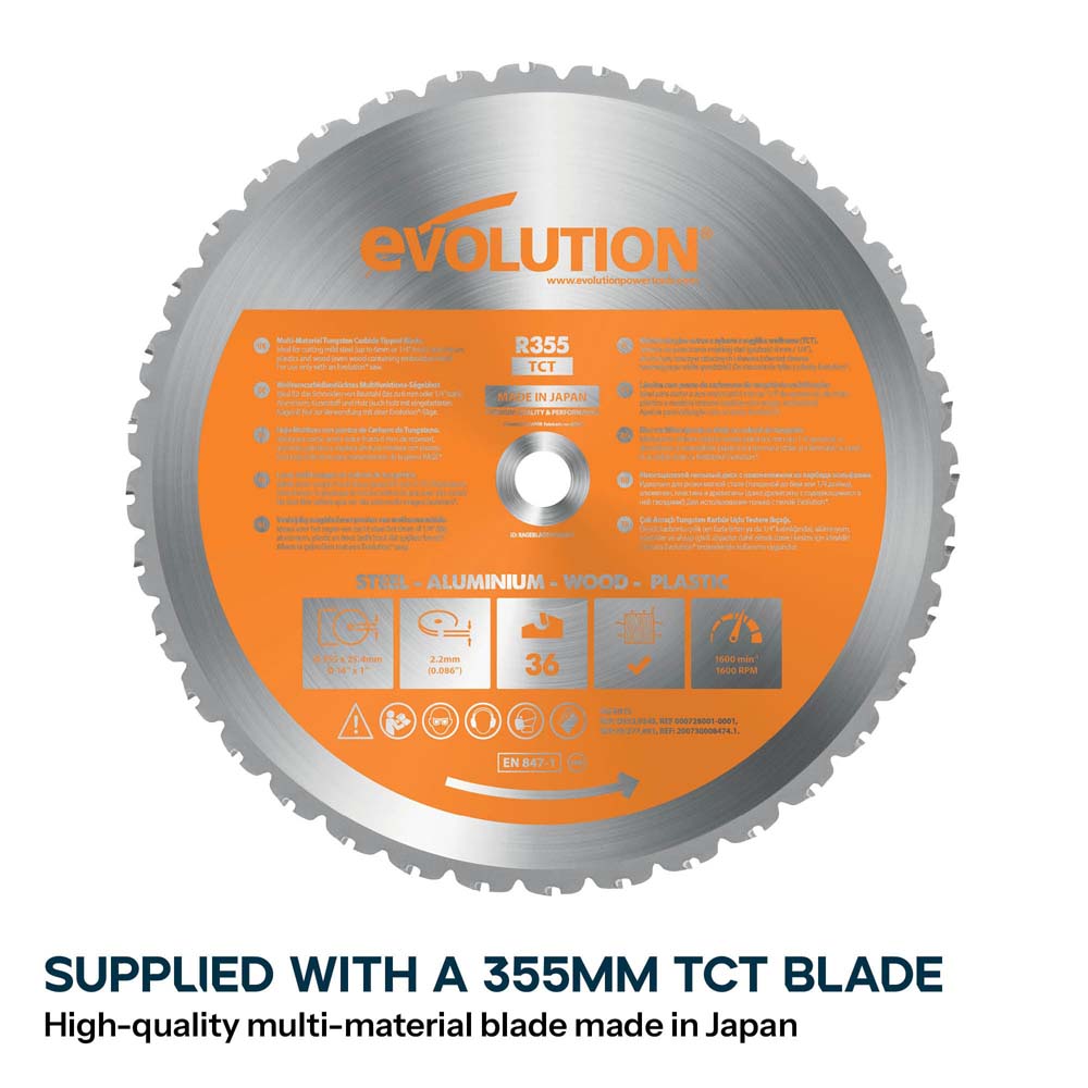 Evolution 355mm Multi-Material Chop Saw with TCT Blade for Steel, Wood & Plastic | R355CPS