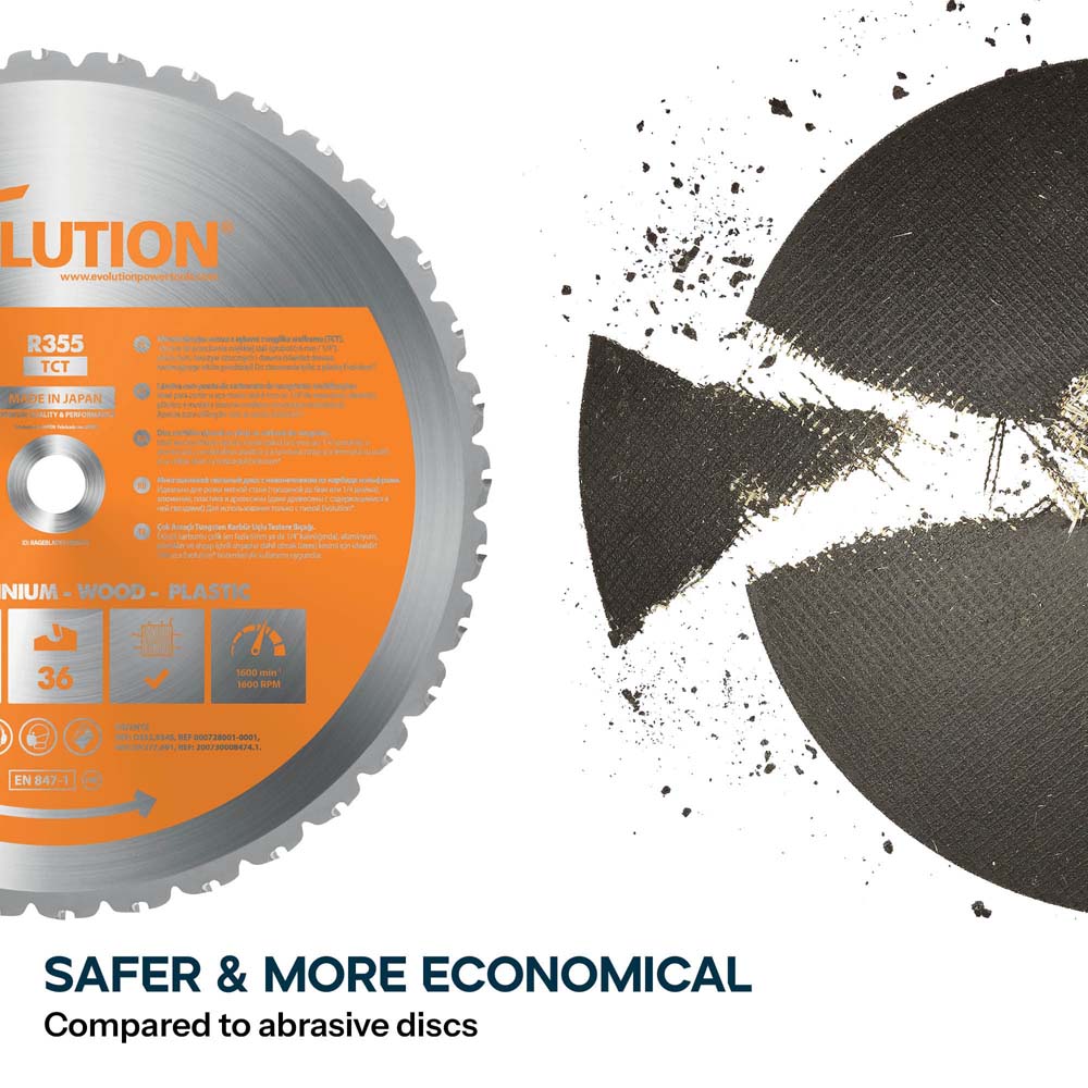 Evolution 355mm Multi-Material Chop Saw with TCT Blade for Steel, Wood & Plastic | R355CPS