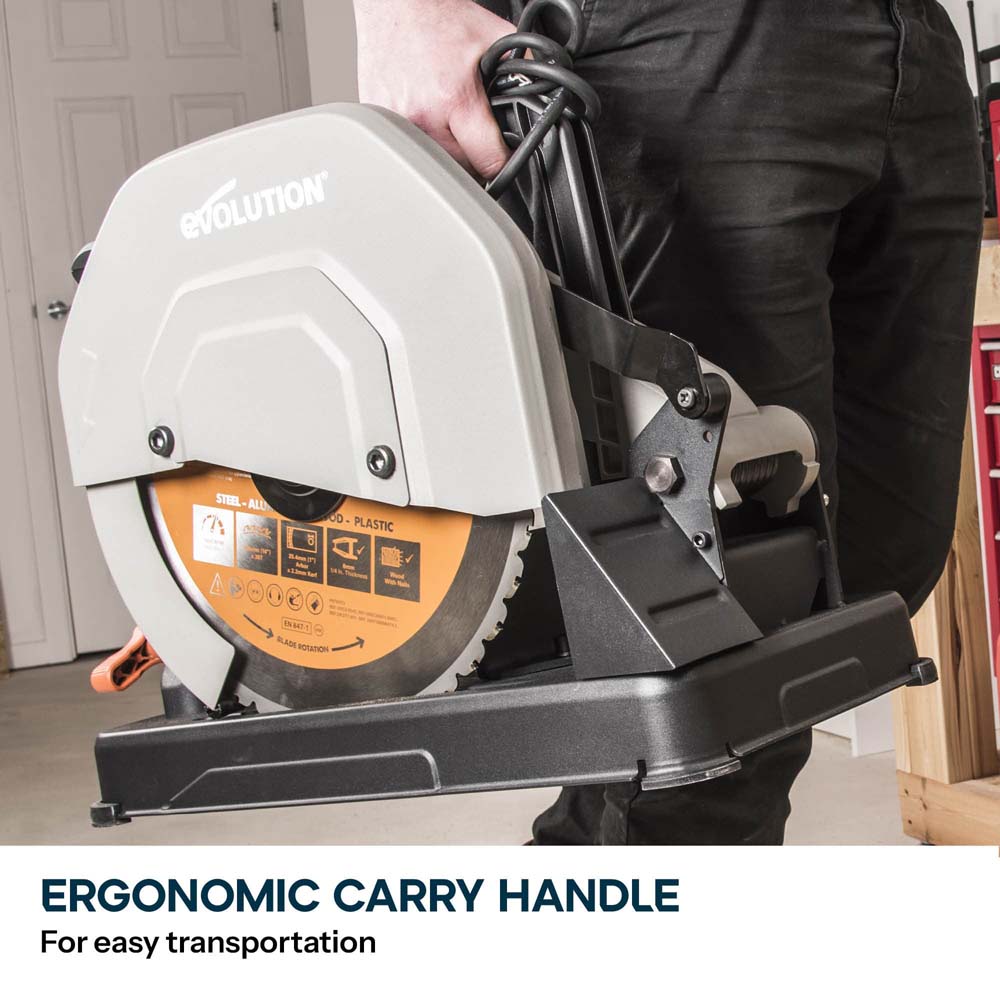 Evolution 355mm Multi-Material Chop Saw with TCT Blade for Steel, Wood & Plastic | R355CPS