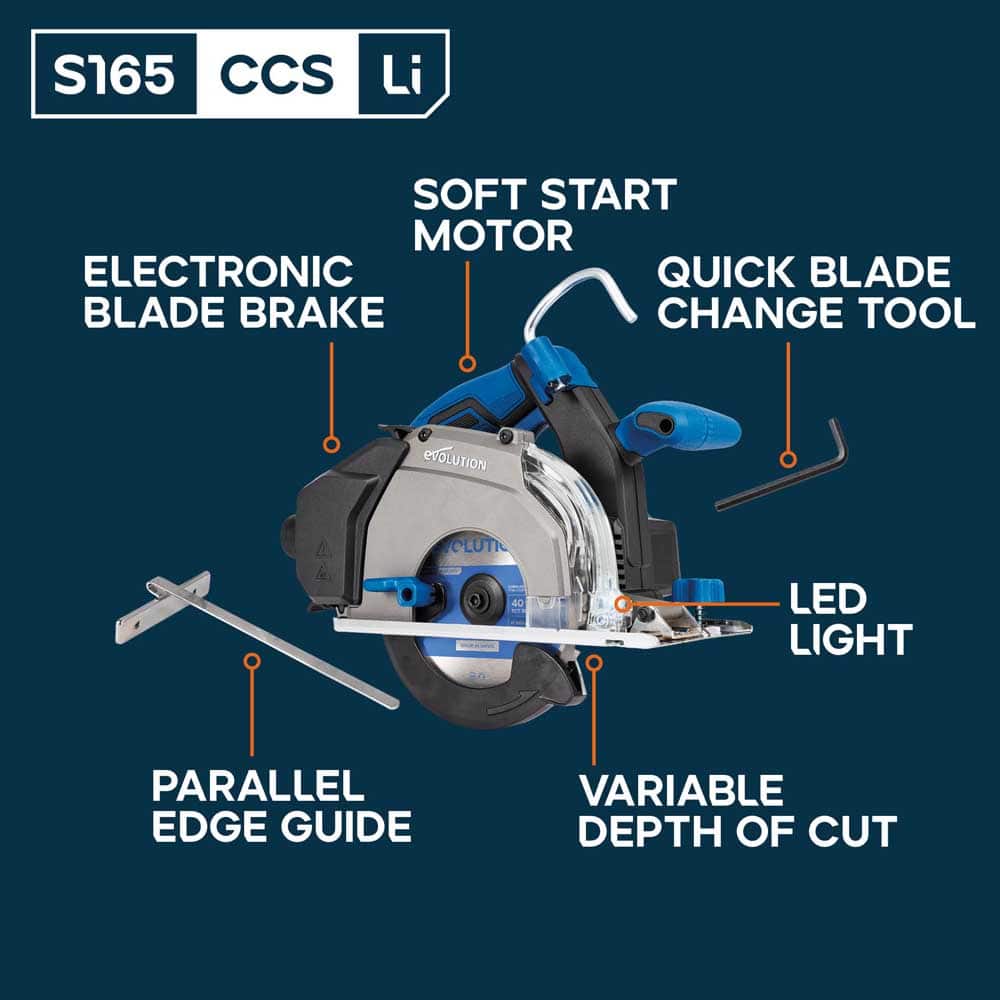 Evolution 165mm Cordless Metal Cutting Circular Saw with Thin Kerf Blade | 58mm Cut Depth | S165CCS-Li