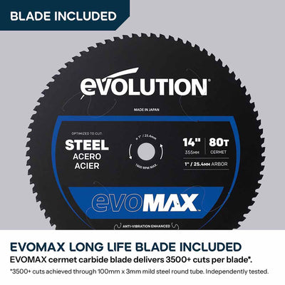 Evolution Cordless 355mm Metal Cutting Chop Saw with 36V Brushless Motor & EvoMax Blade | S355CPS-Li