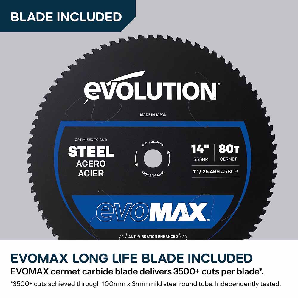 Evolution Cordless 355mm Metal Cutting Chop Saw with 36V Brushless Motor & EvoMax Blade | S355CPS-Li