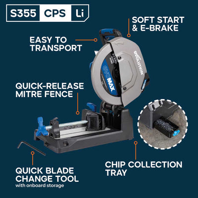 Evolution Cordless 355mm Metal Cutting Chop Saw with 36V Brushless Motor & EvoMax Blade | S355CPS-Li