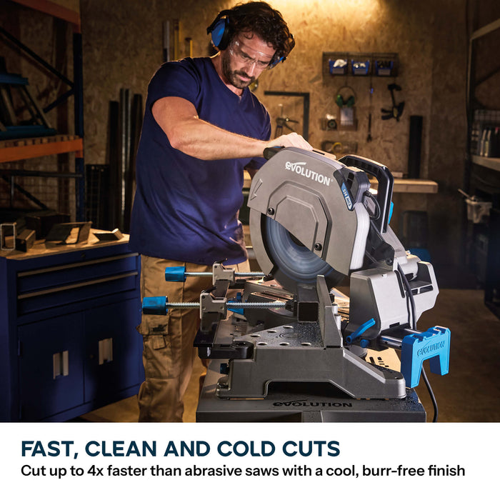 Evolution 355mm Metal Cutting Mitre Chop Saw with EVOMAX 80T Cermet Long-Life Blade, Intelligent Motor Technology & Shadowline Guide | S355MCS-G2