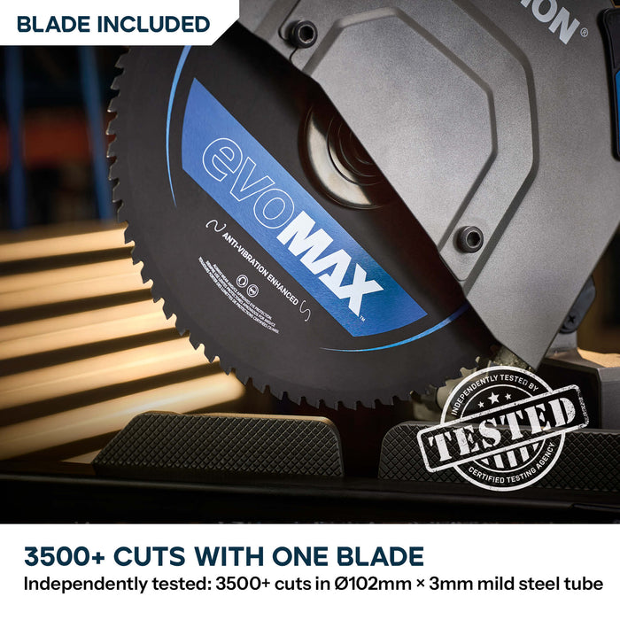 Evolution 355mm Metal Cutting Mitre Chop Saw with EVOMAX 80T Cermet Long-Life Blade, Intelligent Motor Technology & Shadowline Guide | S355MCS-G2