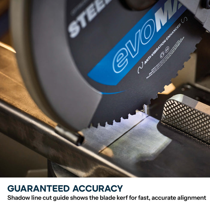 Evolution 355mm Metal Cutting Mitre Chop Saw with EVOMAX 80T Cermet Long-Life Blade, Intelligent Motor Technology & Shadowline Guide | S355MCS-G2