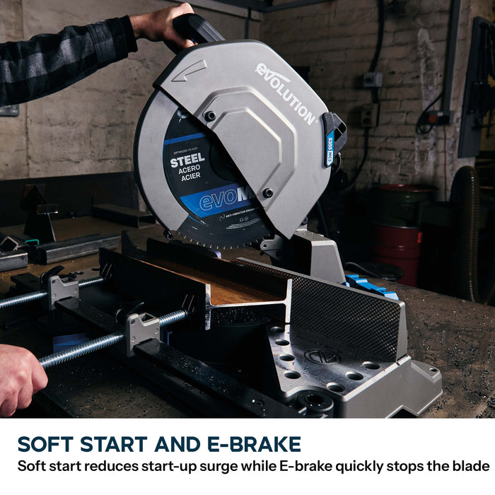 Evolution 355mm Metal Cutting Mitre Chop Saw with EVOMAX 80T Cermet Long-Life Blade, Intelligent Motor Technology & Shadowline Guide | S355MCS-G2