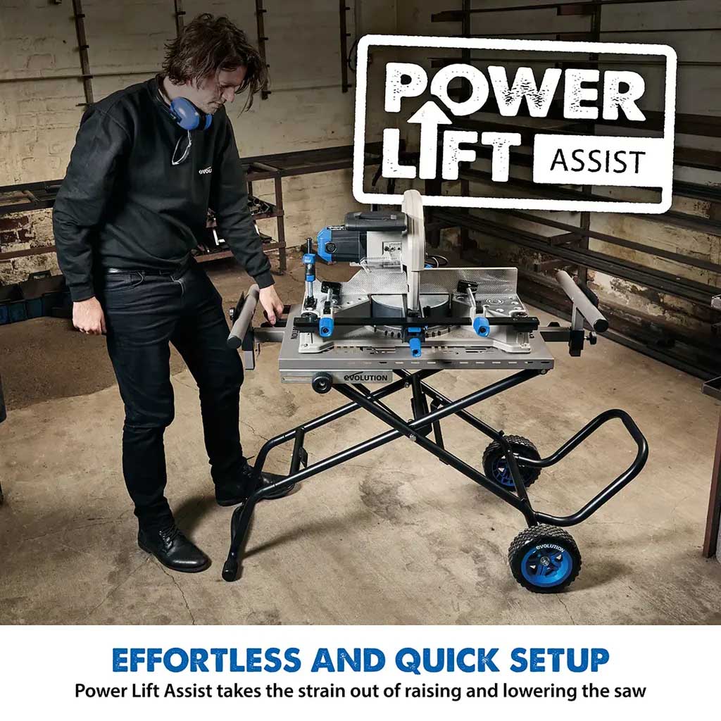 Evolution S355MCS Mitre Chop Saw Wheeled Stand With Powerlift Assist.