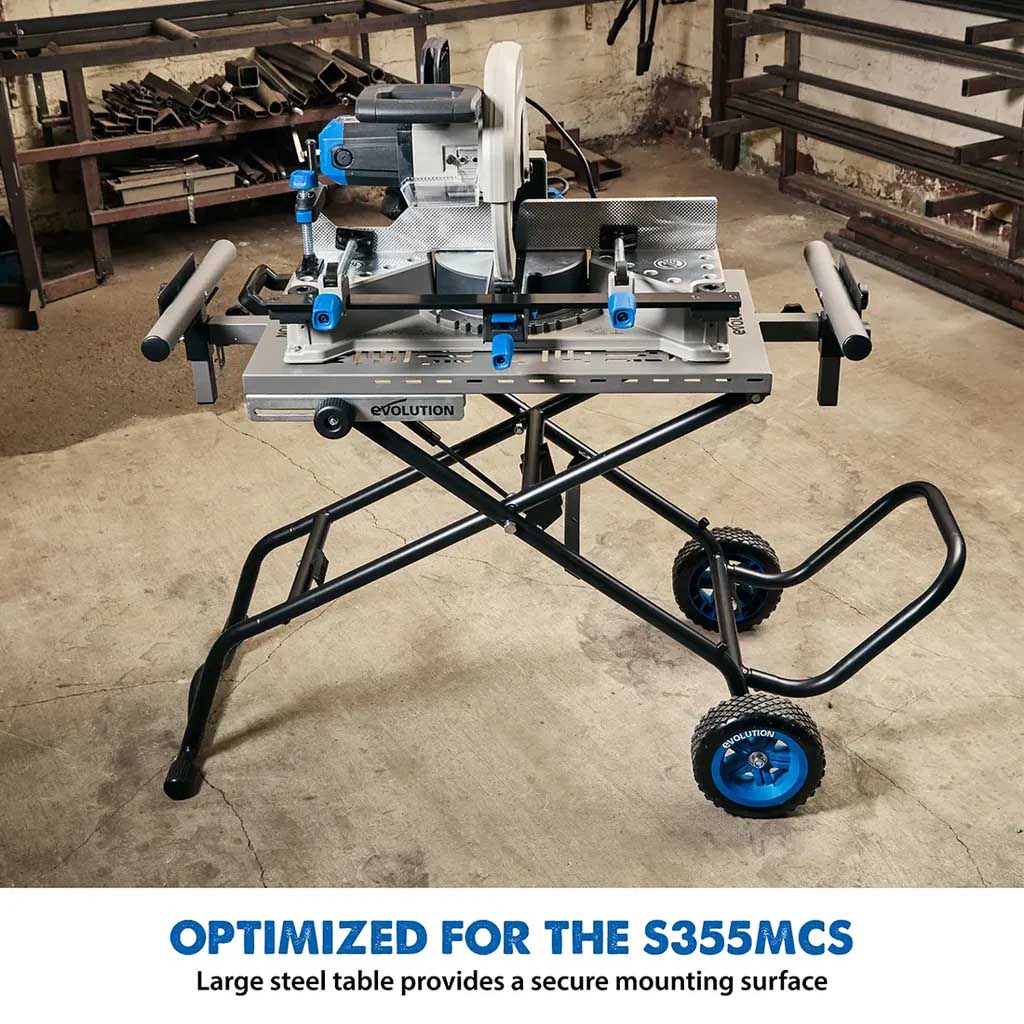 Evolution S355MCS Mitre Chop Saw Wheeled Stand With Powerlift Assist.