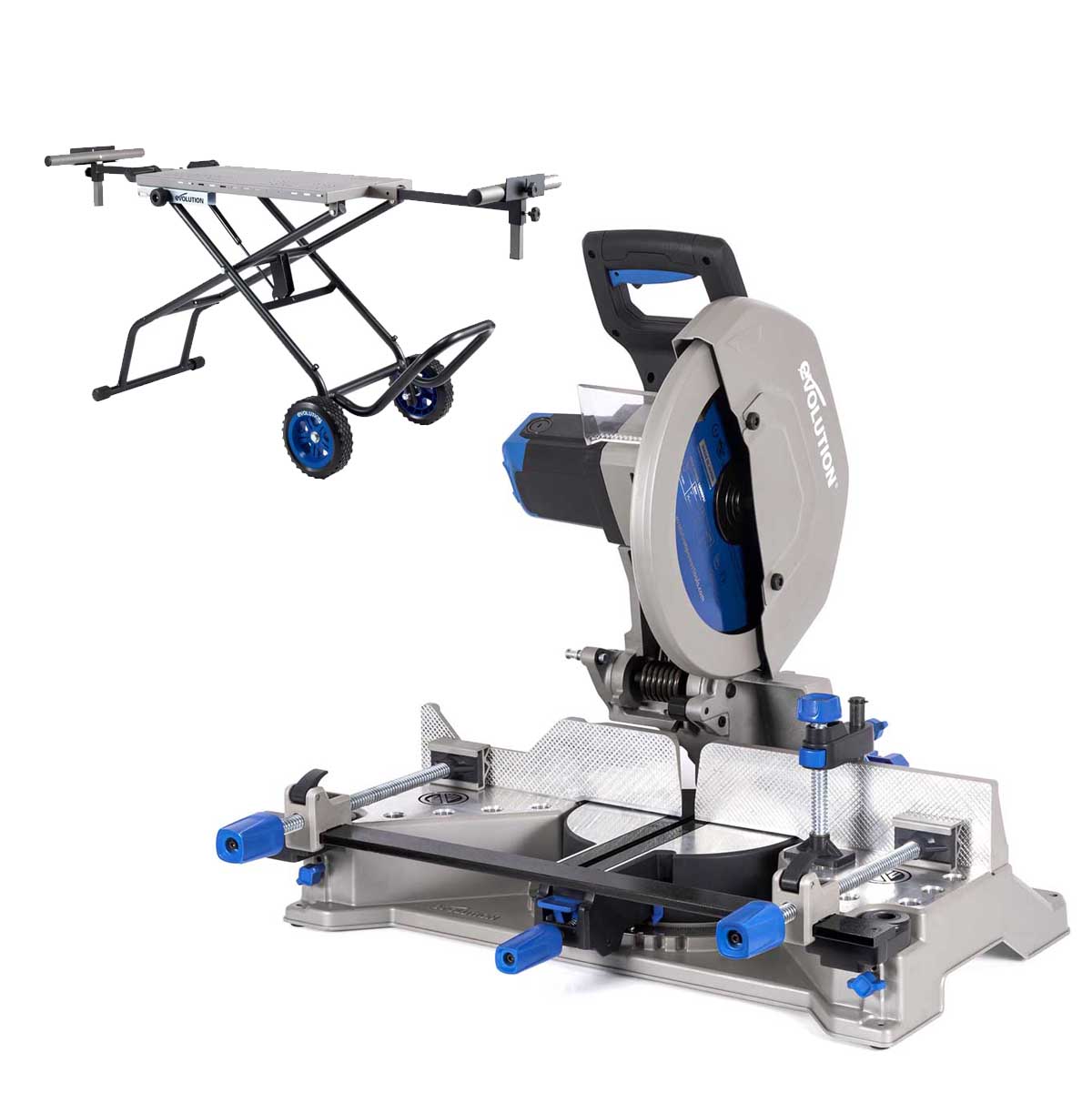 Evolution S355MCS 355mm Heavy Duty Chop Mitre Saw & Wheeled Stand Bundle