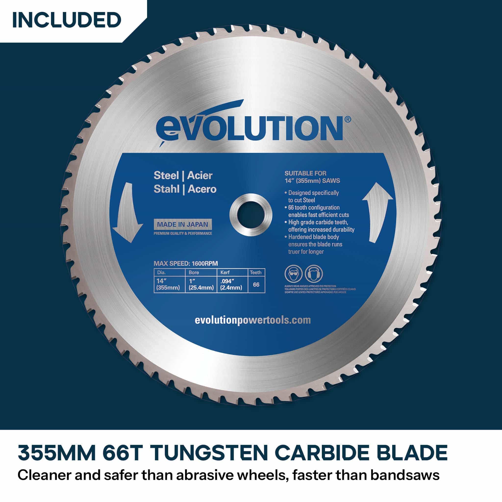 Evolution S355MCS 355mm Heavy Duty Chop Mitre Saw & Wheeled Stand Bundle