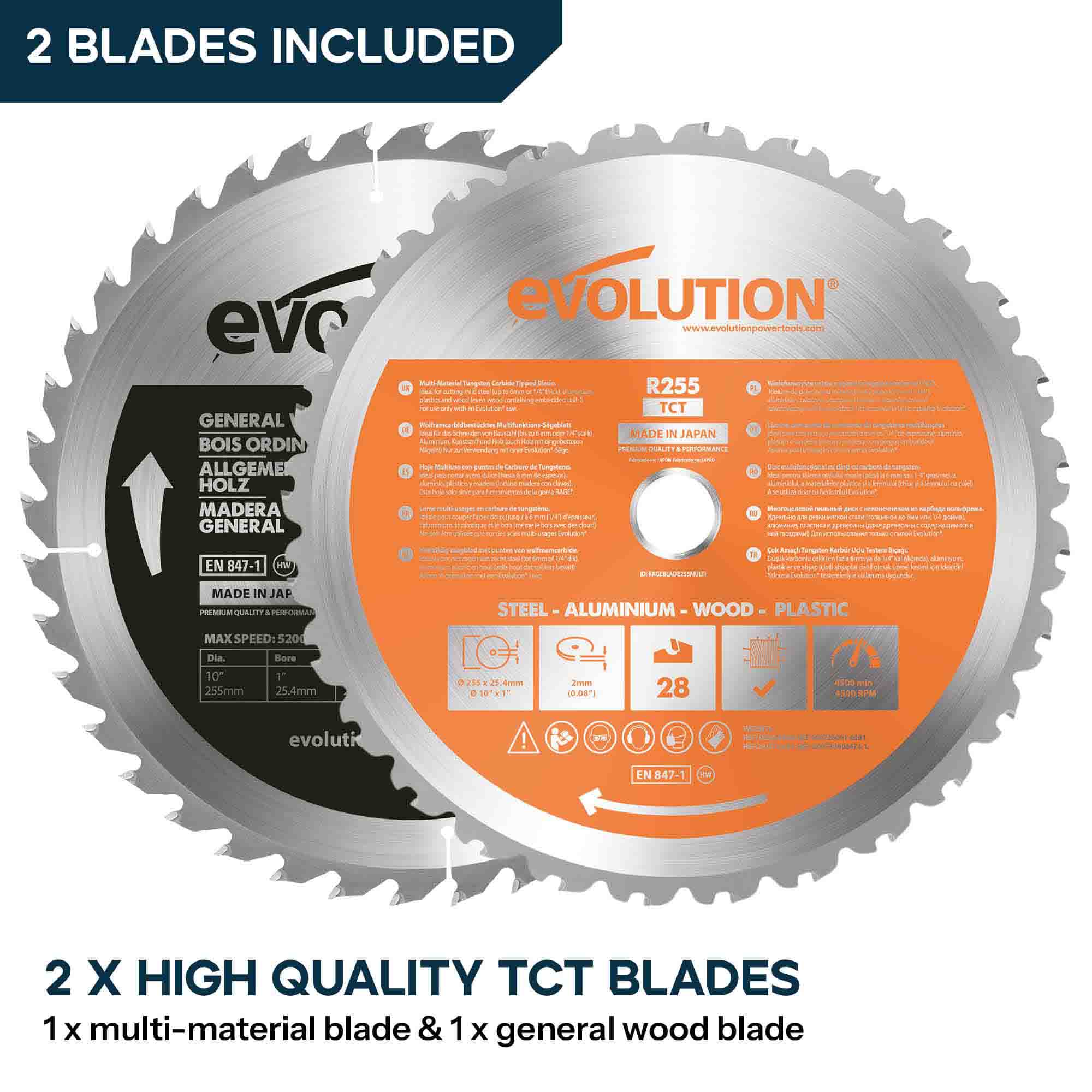 Evolution R255SMS-DB+ 255mm Double Bevel Mitre Saw & Stand Bundle