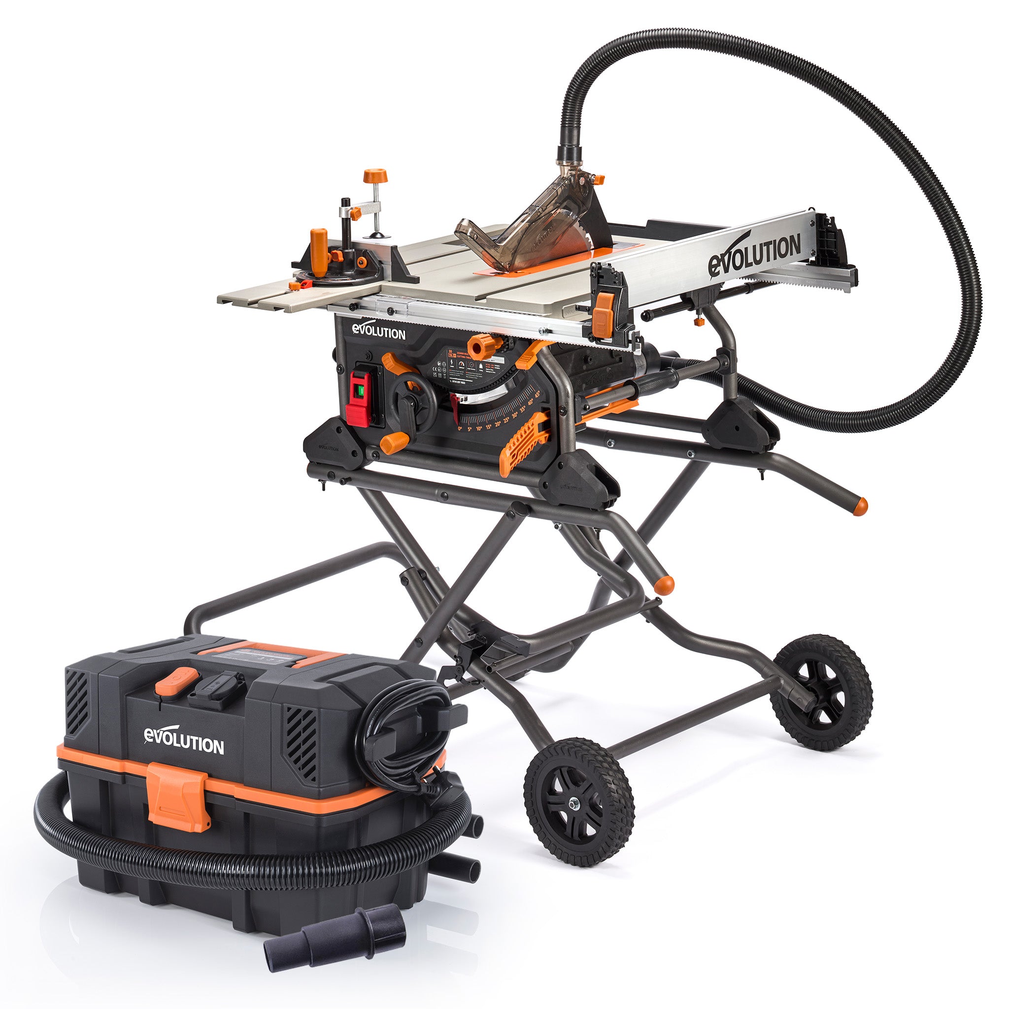 Evolution R255TBL 230v Portable Jobsite Table Saws with R15VAC Wet & Dry Vacuum & Dust Port Kit