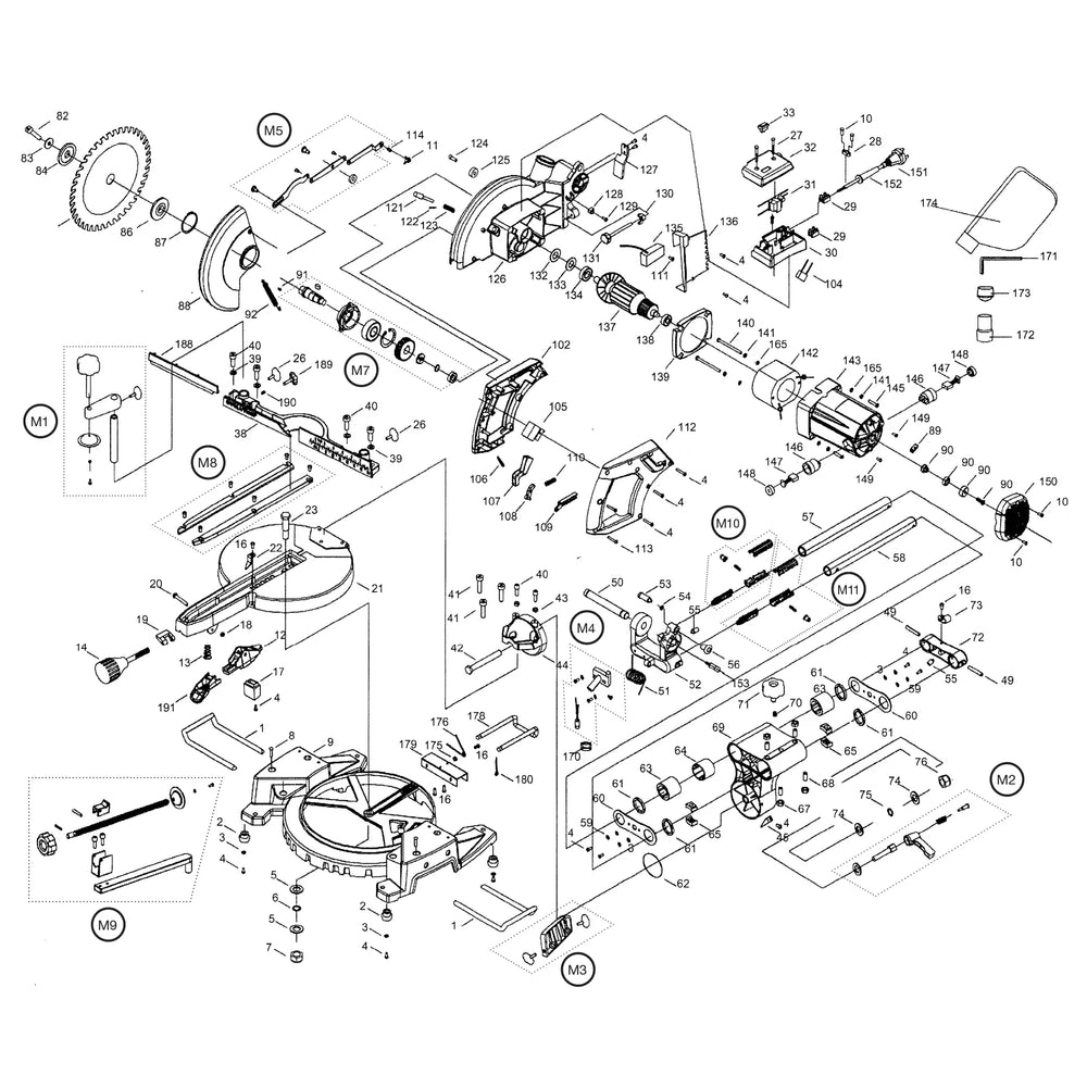 FURY3 210mm Corded Sliding Mitre Saw (Non-Flatpack Model) Spare Parts