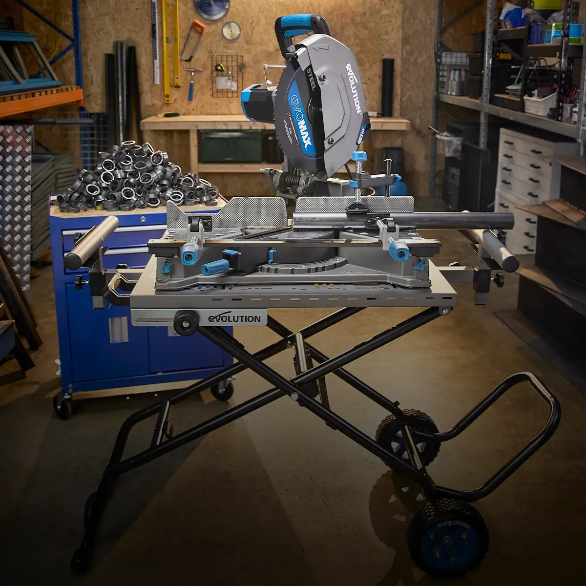 Evolution S355MCS-G2 355mm Heavy Duty Chop Mitre Saw & Wheeled Stand Bundle