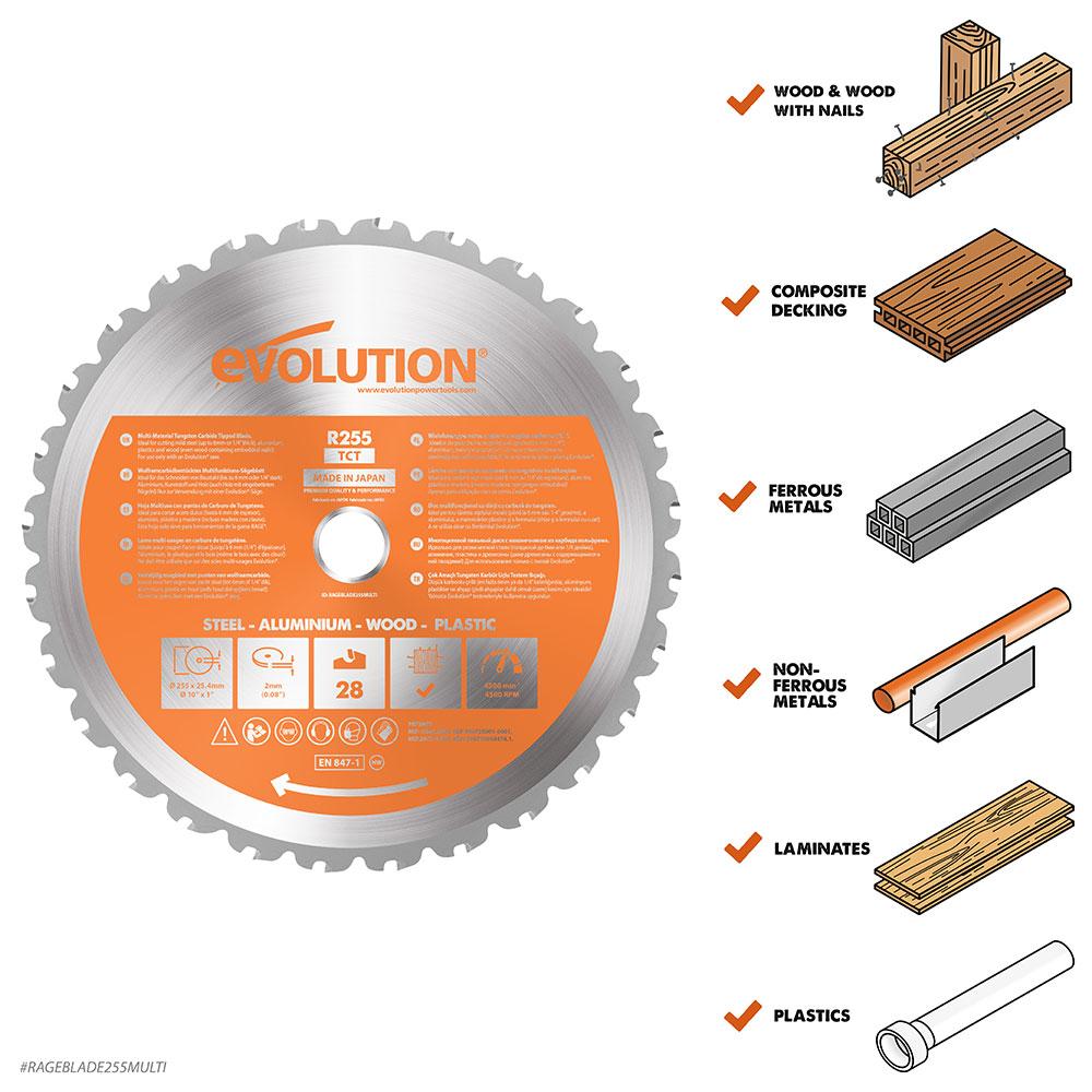 Evolution 255mm Multi-Material Cutting 28T Mitre & Table Saw Blade