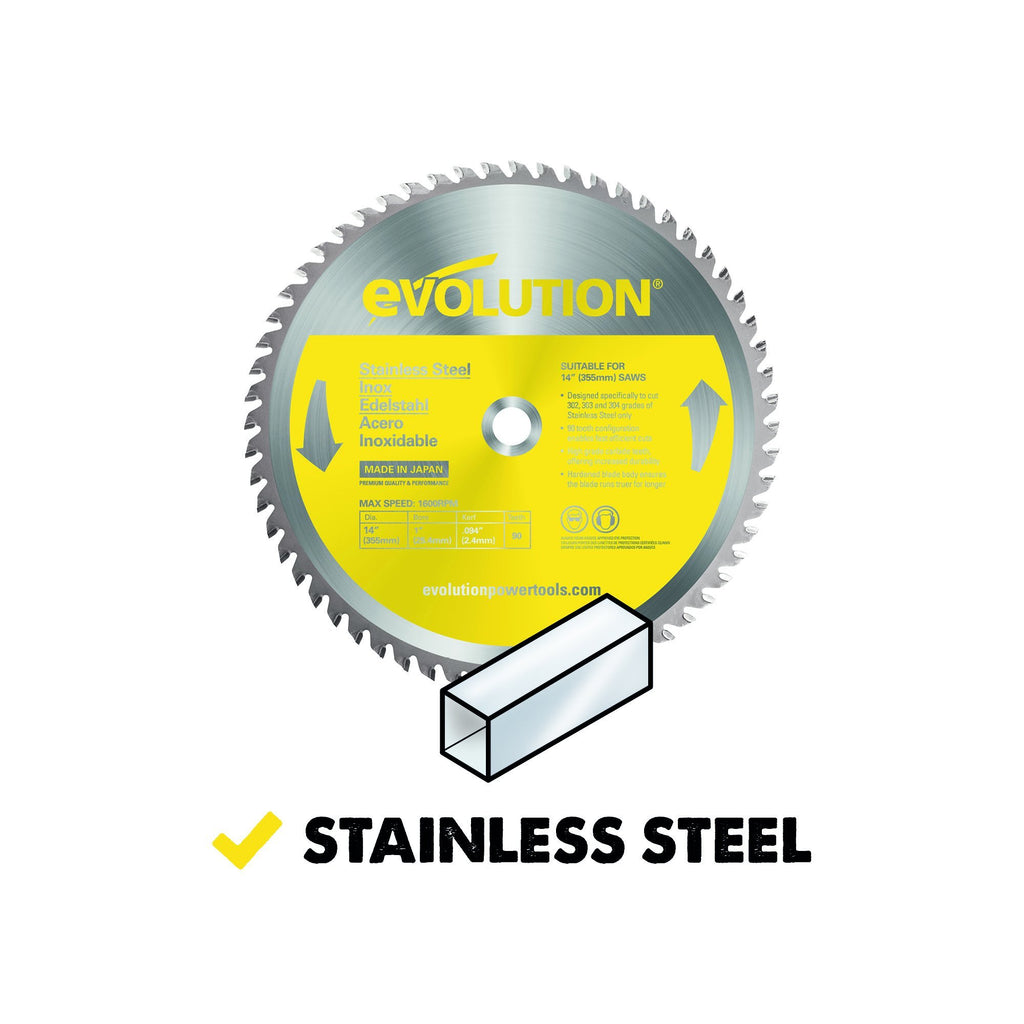 Evolution 355mm Stainless Steel Cutting 90T Chop Saw Blade — Evolution ...