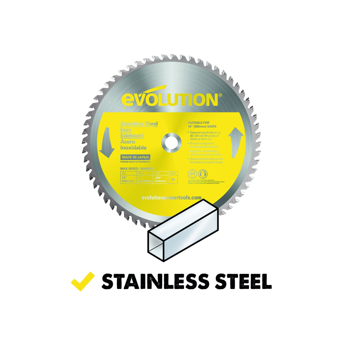 Evolution 355mm Stainless Steel Cutting 90T Chop Saw Blade | Evolution ...