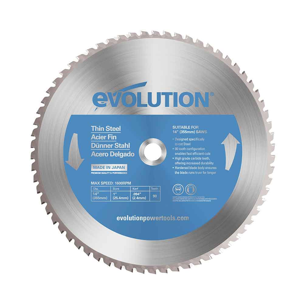 Evolution 355mm Thin Steel Cutting 90T TCT Chop Saw Blade Evolution Power  Tools UK