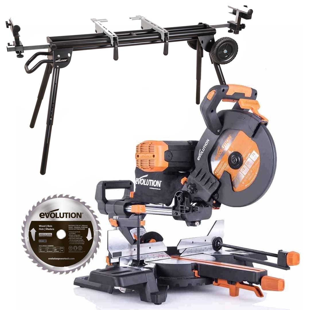 Evolution R255SMS-DB+ 255mm Double Bevel Mitre Saw & XL Rolling Stand Bundle