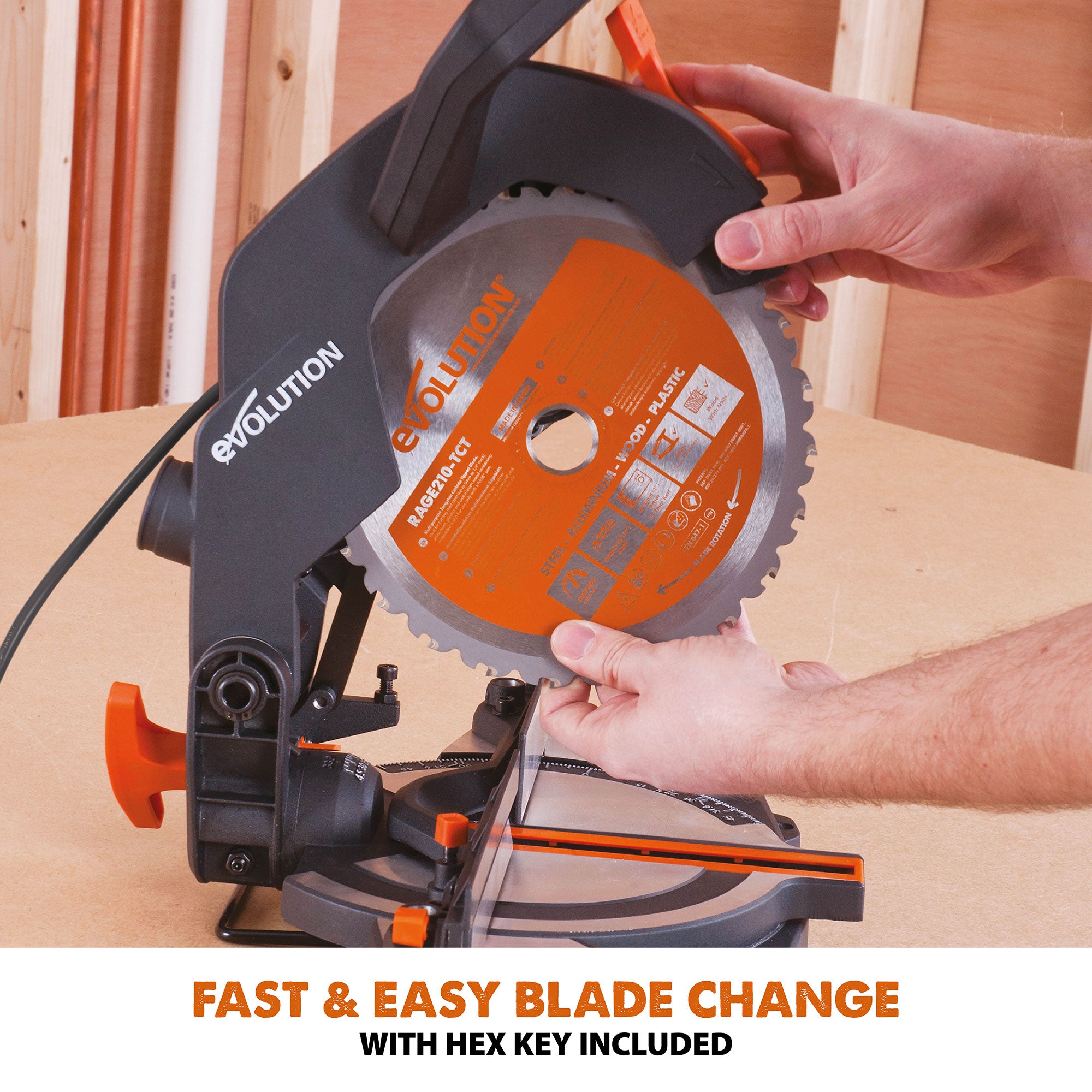 Evolution R210CMS+ 210mm 1200w Compound Mitre Saw With TCT Multi-Material Cutting Blade