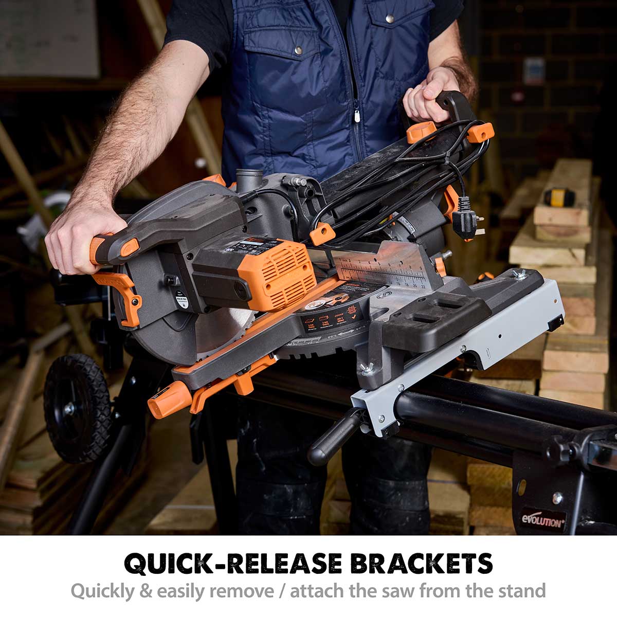 Evolution R255SMS-DB+ 255mm Double Bevel Mitre Saw & XL Rolling Stand Bundle