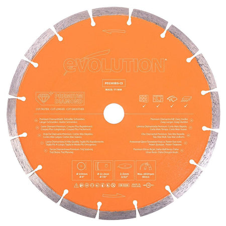 Evolution 230mm Premium Diamond Disc Cutter Blade, 22.2mm Bore