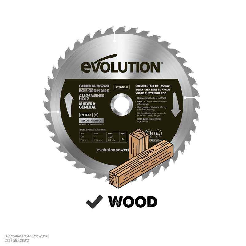 Evolution 255mm General Wood Blade 40T - Evolution Power Tools UK