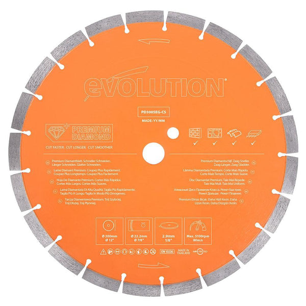 Evolution 300mm Premium Diamond Disc Cutter Blade With High Diamond Concentration, Segmented Edge and 22.2mm Bore - Evolution Power Tools UK