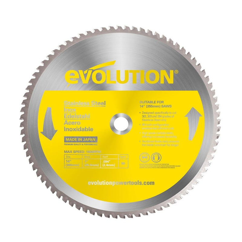 Evolution 355mm Stainless Steel Cutting 90T Chop Saw Blade Evolution  Power Tools UK