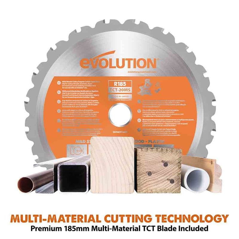 Evolution Cordless 18v EXT Li-Ion R185SMS-Li Sliding Mitre Saw Inc Multi-Material Blade - Evolution Power Tools UK