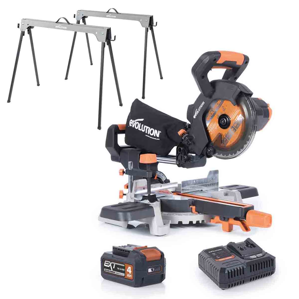 Evolution Cordless R185SMS-Li 185mm Sliding Mitre Saw & Saw Horse Bundle