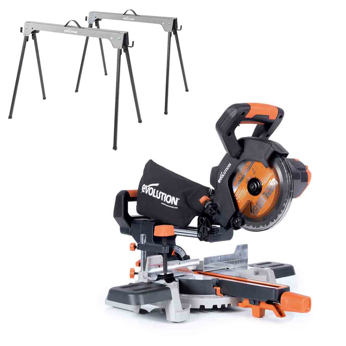 Evolution Cordless R185SMS-Li 185mm Sliding Mitre Saw & Saw Horse Bundle