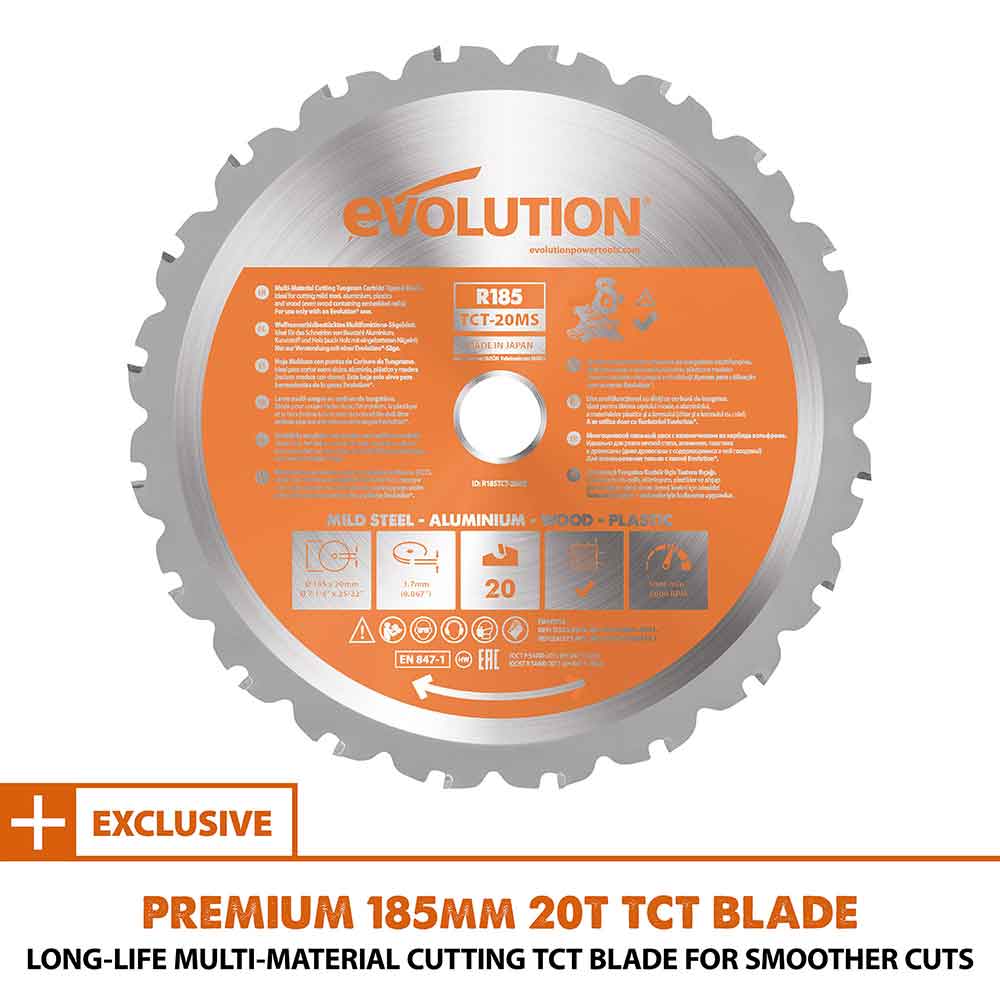 Evolution R185SMS+ 185mm Sliding Mitre Saw & Stand Bundle