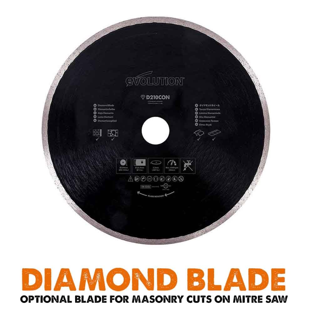 Evolution R210SMS-300+ 210mm Sliding Compound Mitre Saw With TCT Multi-Material Cutting Blade