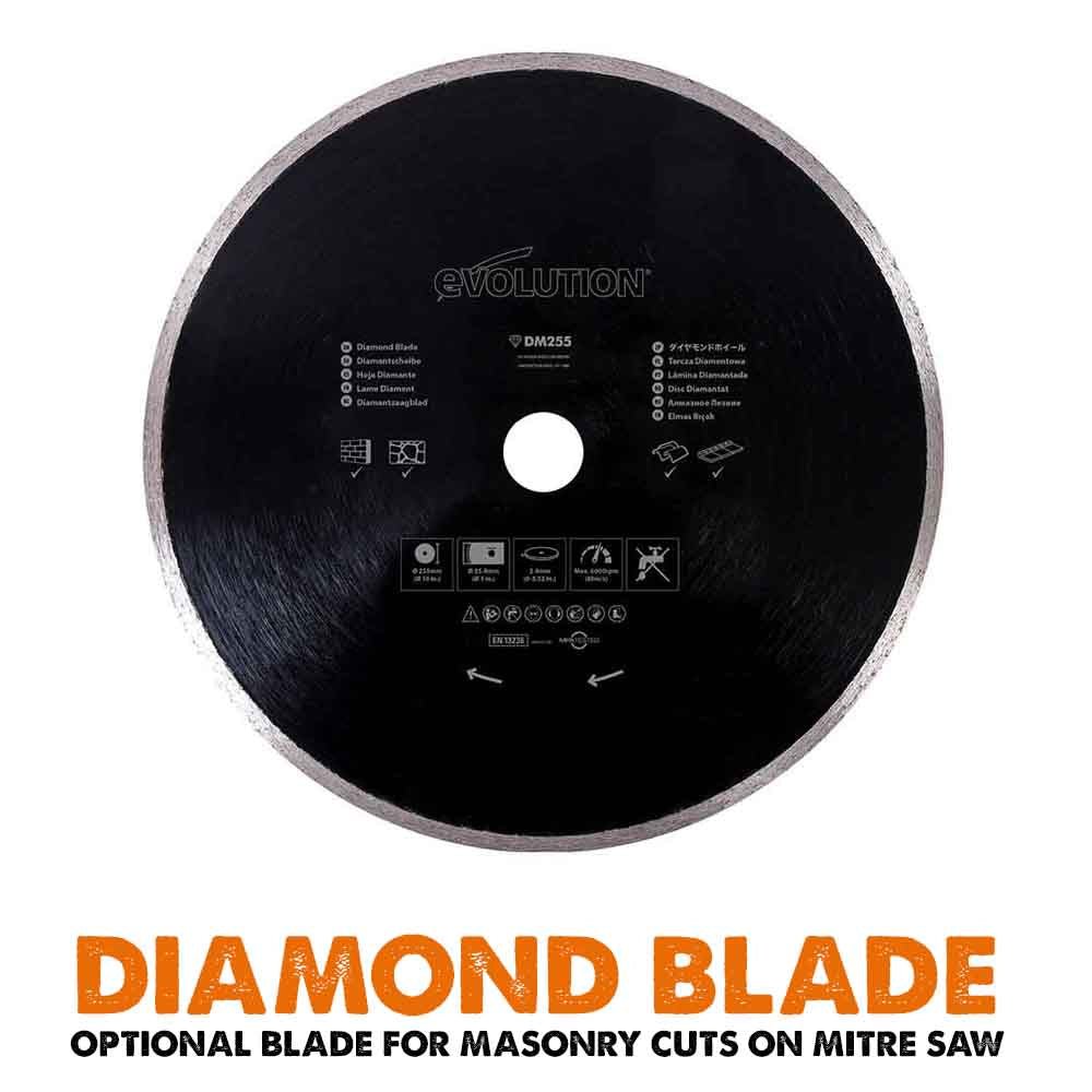 Evolution R255SMS+ 255mm Sliding Compound Mitre Saw With TCT Multi-Material Cutting Blade