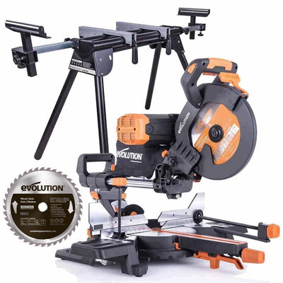 Evolution R255SMS-DB+ 255mm Double Bevel Mitre Saw & Stand Bundle