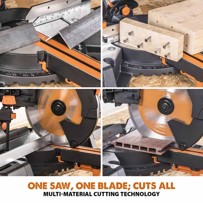 Evolution R255SMS-DB+ 255mm Double Bevel Sliding Mitre Saw With 28T TCT Multi-Material Cutting Blade