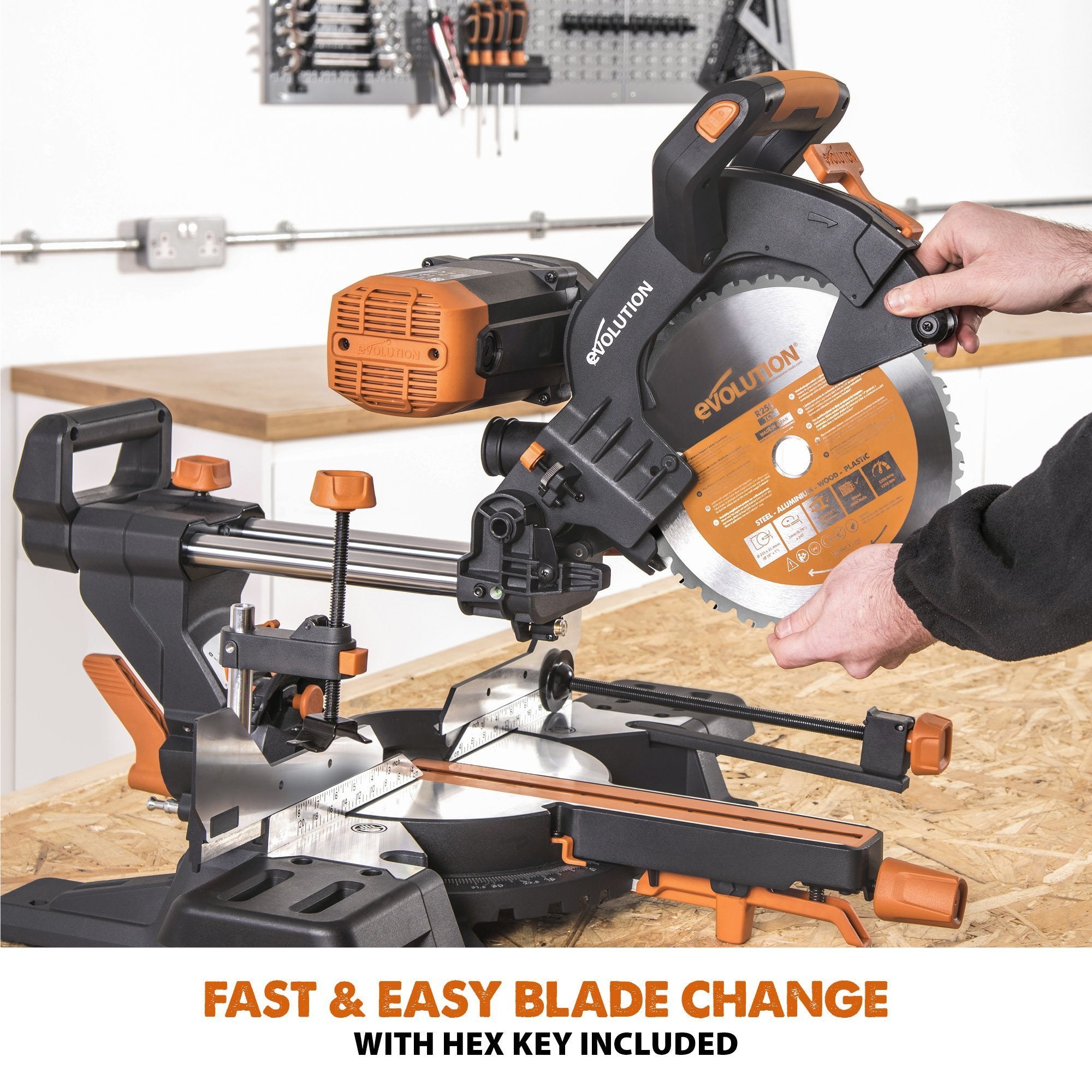 Evolution R255SMS-DB+ 255mm Double Bevel Sliding Mitre Saw With 28T TCT Multi-Material Cutting Blade