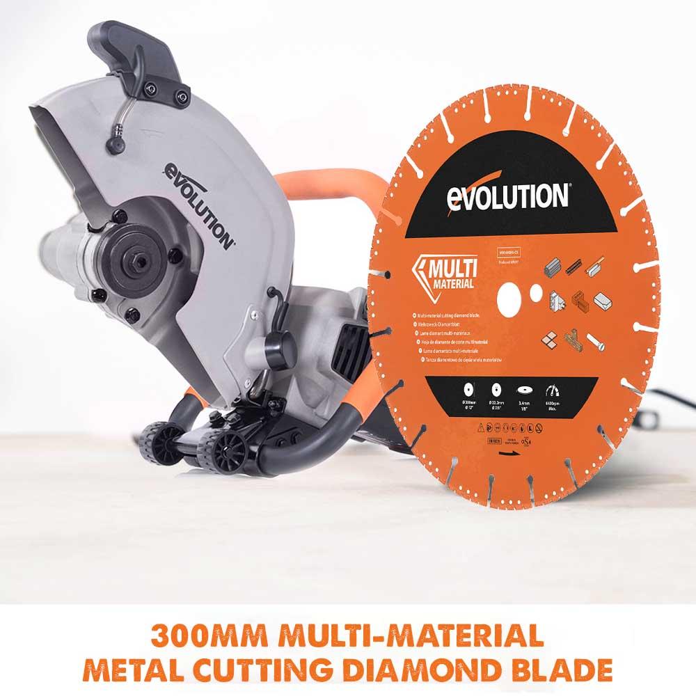 Evolution R300DCT Electric Disc Cutter, 300mm Diamond Blade Variety Pack 22.2mm Bore