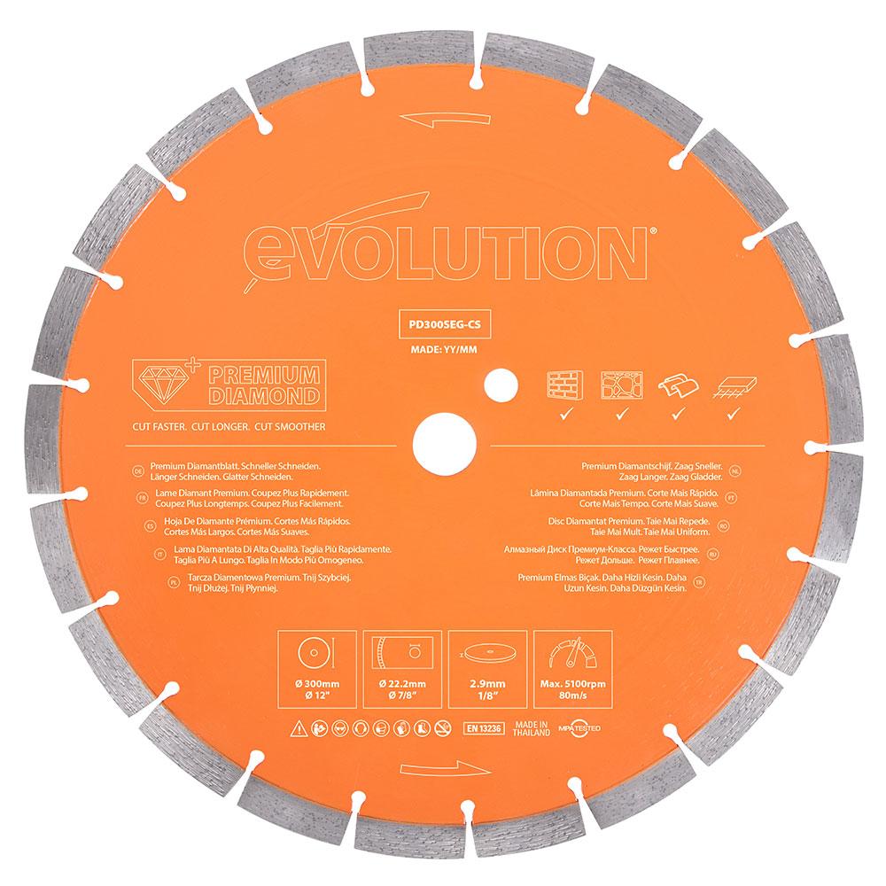 Evolution R300DCT Electric Disc Cutter, 300mm Diamond Blade Variety Pack 22.2mm Bore